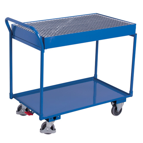 Tischwagen mit 2 Ladeflächen und Gitterrost, 250 kg Traglast, 995 x 595 mm, blau