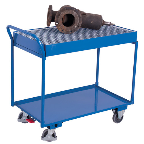 Tischwagen mit 2 Ladeflächen und Gitterrost, 250 kg Traglast, 995 x 595 mm, blau