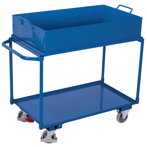 Tischwagen mit 2 Ladeflächen und abnehmbarer Wanne, 250 kg Traglast, 995 x 595 mm, blau
