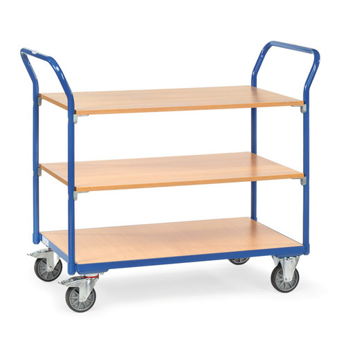 Tischwagen 1800, 3 Ebenen, 850 x 500  mm, 200 kg Tragfähigkeit, Blau, mit Bremse
