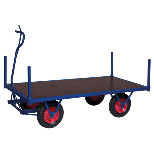Schwerlastwagen, 2000 x 1000 mm, 1500 kg Tragfhigkeit, Blau, luftbereift, mit Rungen
