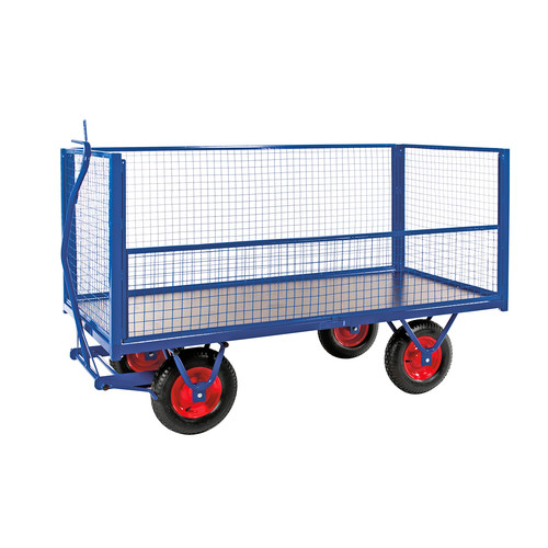 Schwerlastwagen, 2000 x 1000 mm, 1500 kg Tragfhigkeit, Blau, luftbereift, mit Gitteraufbau