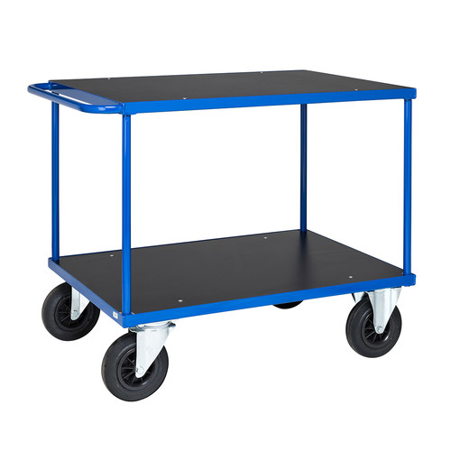 Tischwagen, 2 Ebenen, 1000 x 700 mm, 500 kg Tragfähigkeit, Blau / MDF, braun, ohne Bremsen