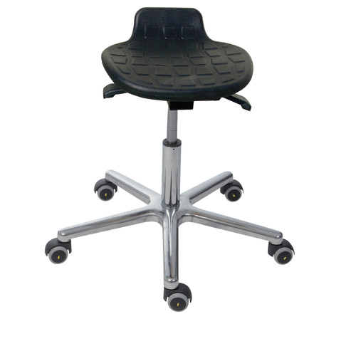 ESD Rollhocker Sitz: PU, schwarz, ergonomisch geformt, Integralschaum - verschiedene Sitzhhen, Neigeverstellung, Aluminium-Fukreuz ,Bodengleiter oder Rollen